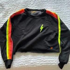 BOLT EMBROIDERY CLASSIC CROPPED CREW SWEATSHIRT in black with neon stripes
